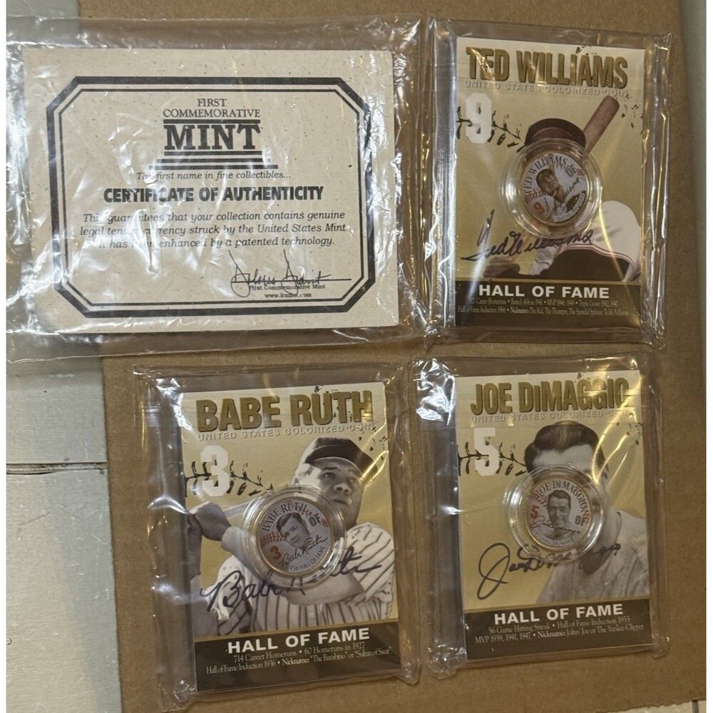 COLORIZED COIN LOT (3) WITH COA-  BABE RUTH-JOE DIMAGG-TED WILLIAMS NIP